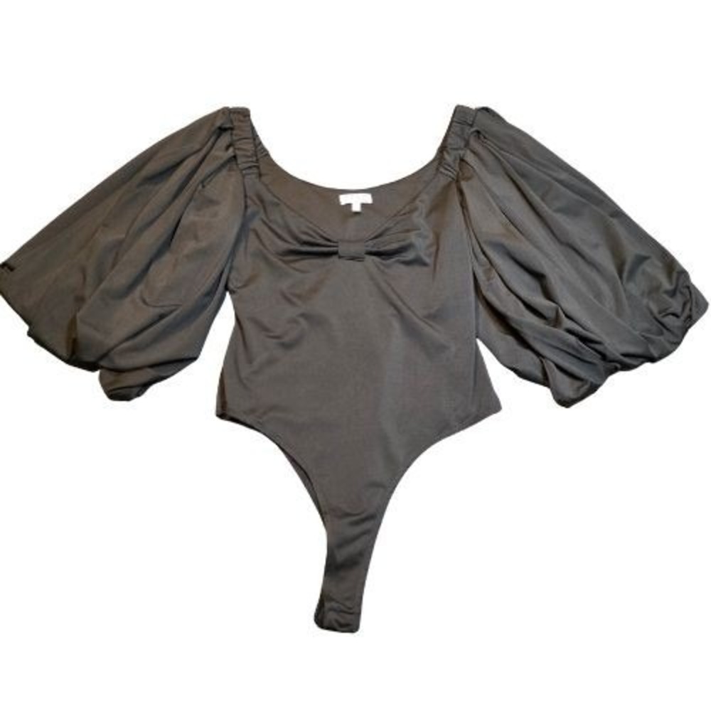 TCEC Womens M Black Puff Sleeve Sweetheart Bow Bodysuit Top Coquette Regency